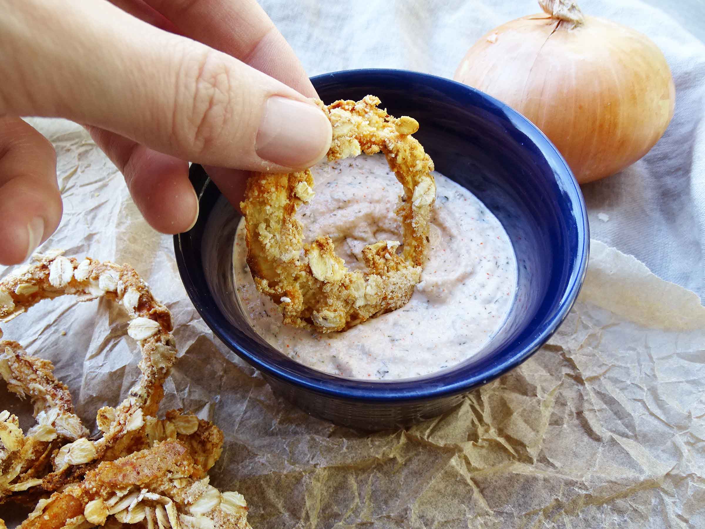 Gluten and Oil Free Baked Onion Rings with Dip