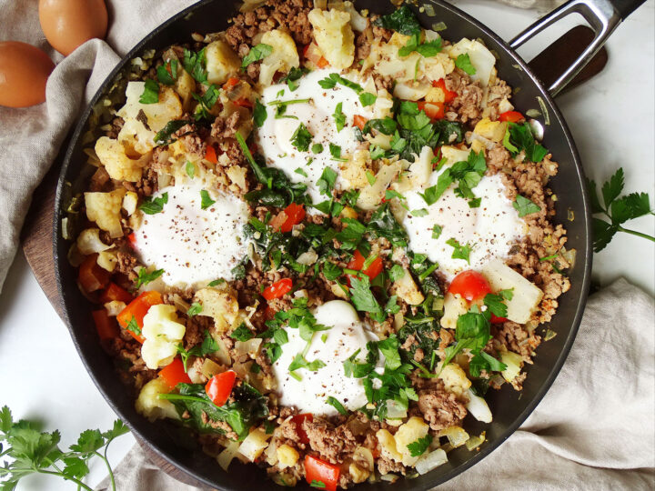 High protein breakfast scramble with ground beef and eggs