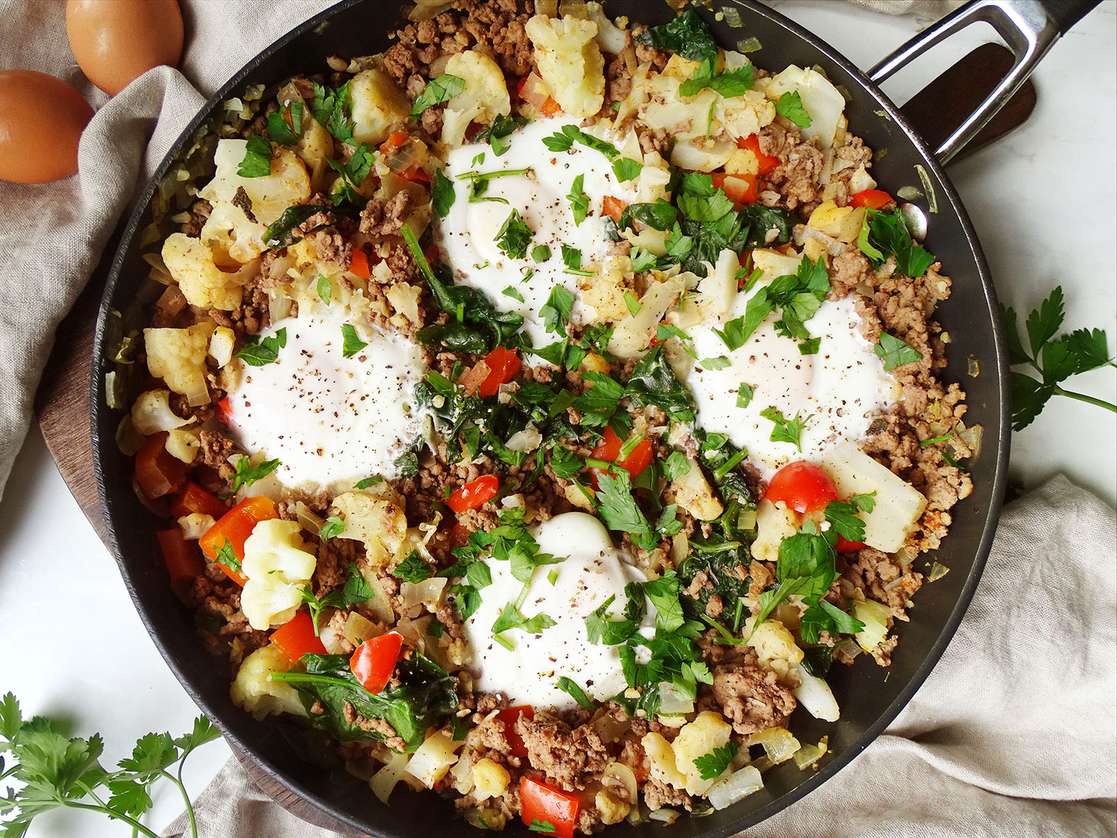 High protein breakfast scramble with ground beef and eggs